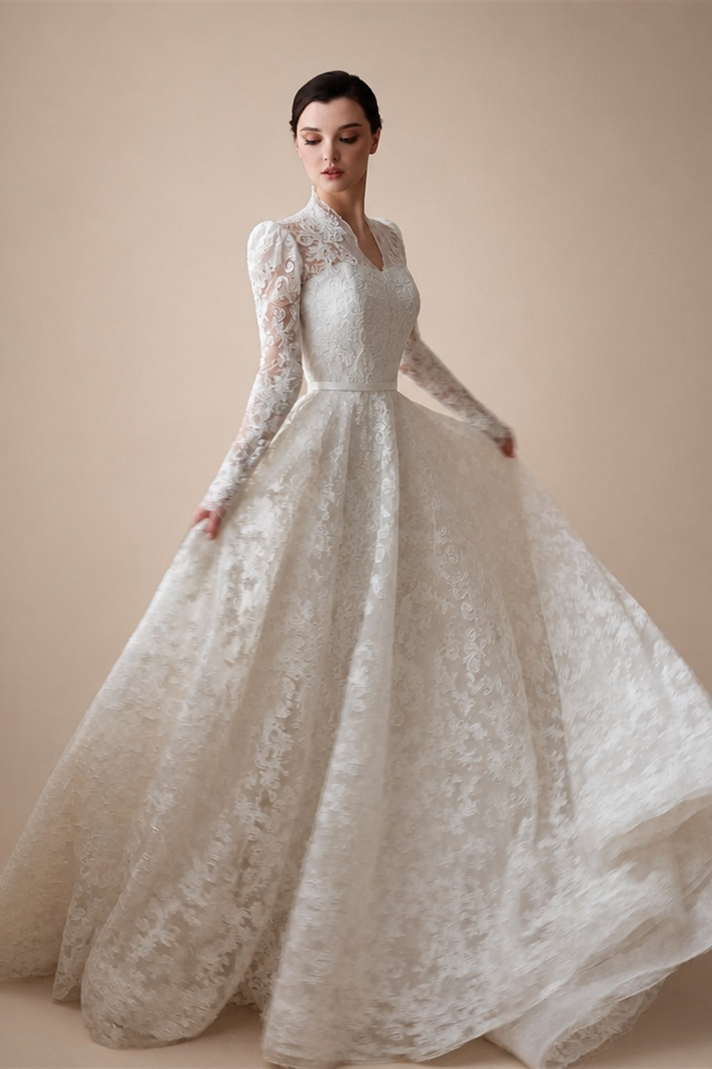 Elegant Printed Lace High Neck Wedding Dress with Train ZP171