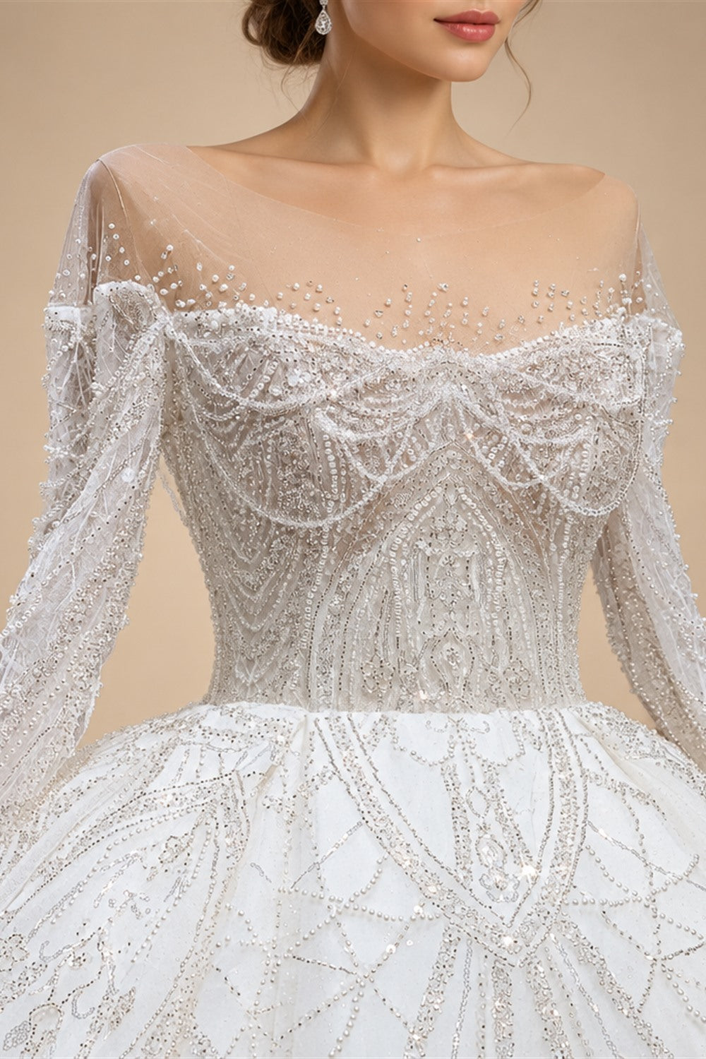 Luxury Beaded Long Sleeve Ball Gown Wedding Dress ZP184