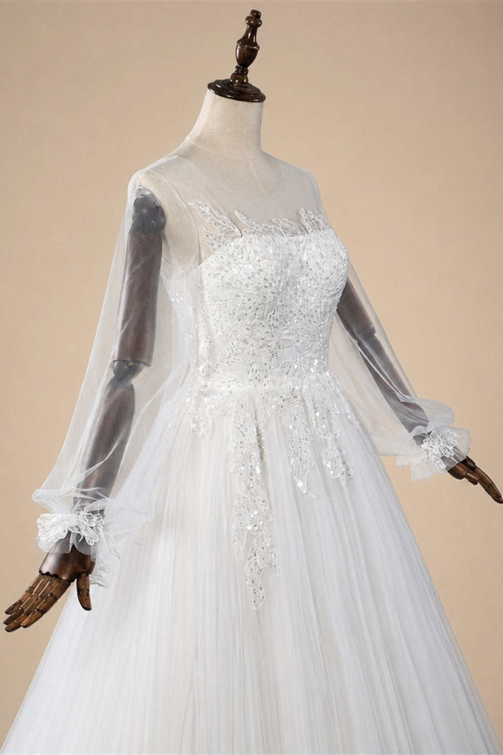Elegant White Long Sheer Sleeve A-Line Tulle Wedding Dress with Lace Appliqués ZP057