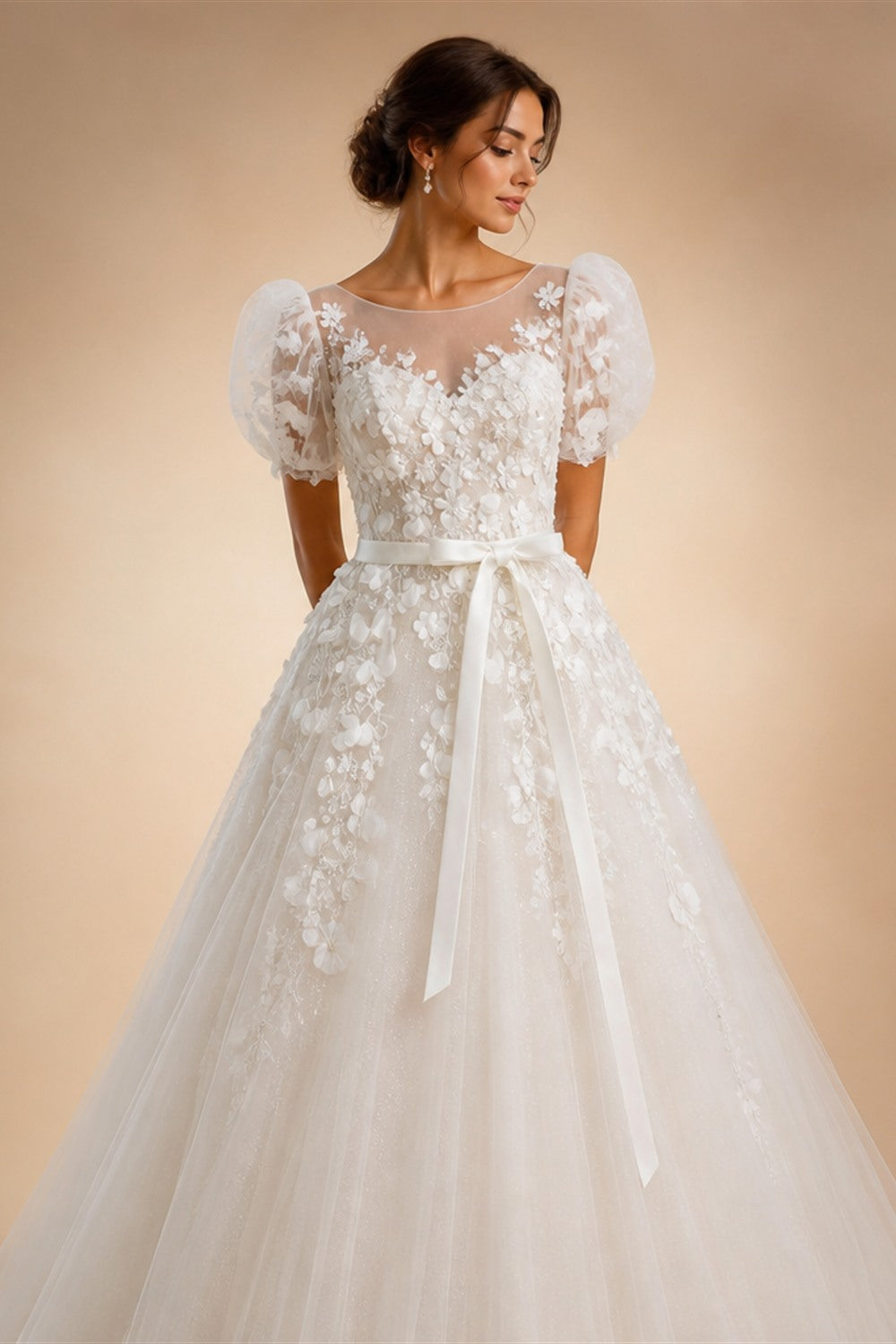 White 3D Floral Applique Sweetheart Ball Gown Wedding Dress ZP007