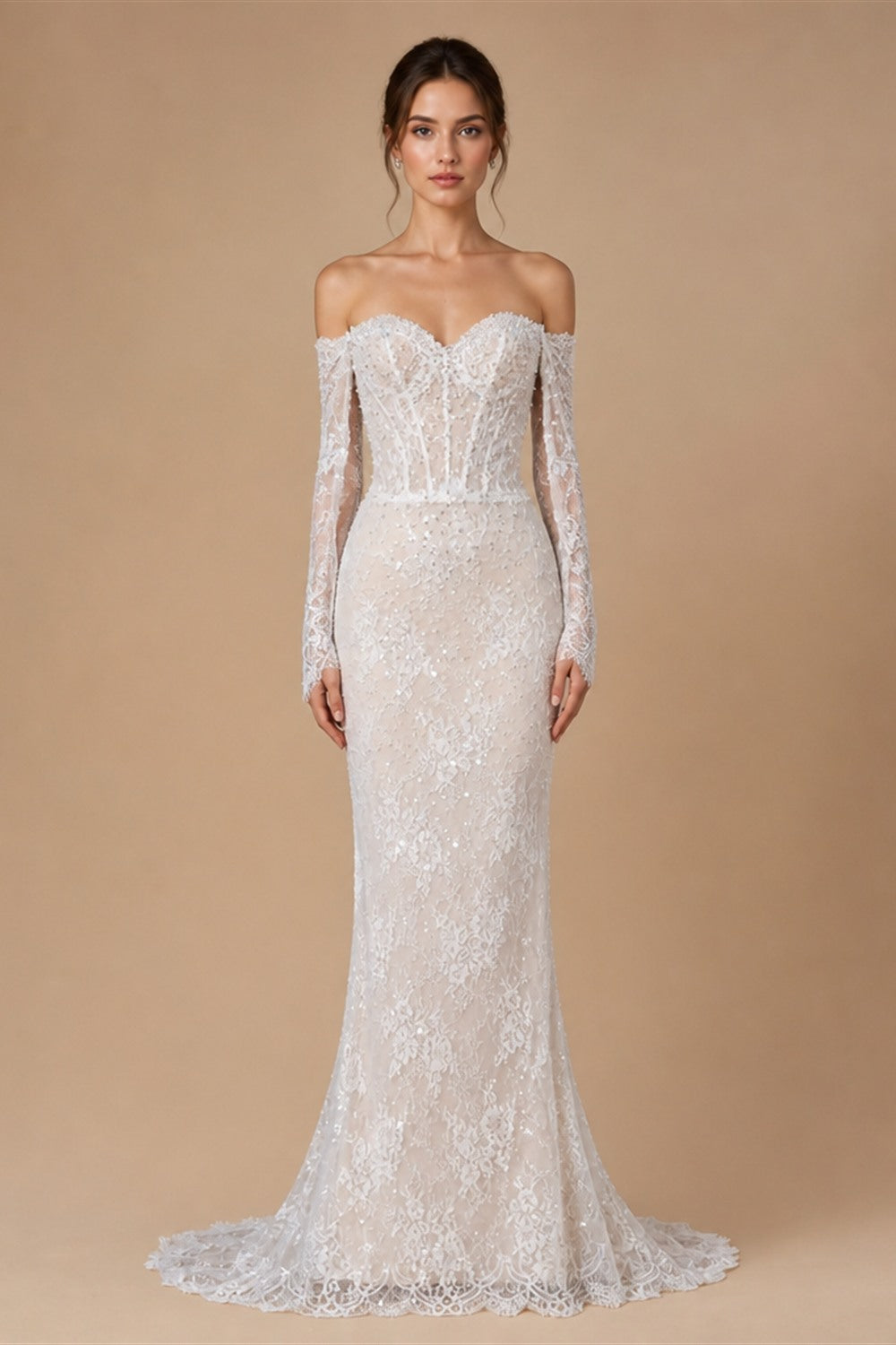White Boho Romantic Lace Mermaid Wedding Dress Beaded Sequins With Lace Train ZP038
