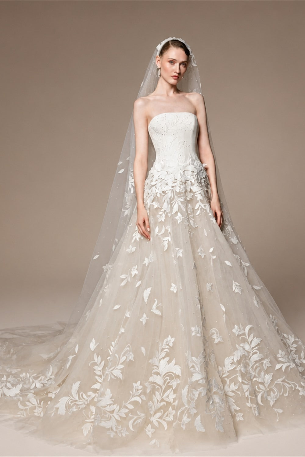 Dreamy Ivory Strapless Floral Lace Mermaid Train Wedding Dress with Veil ZP083