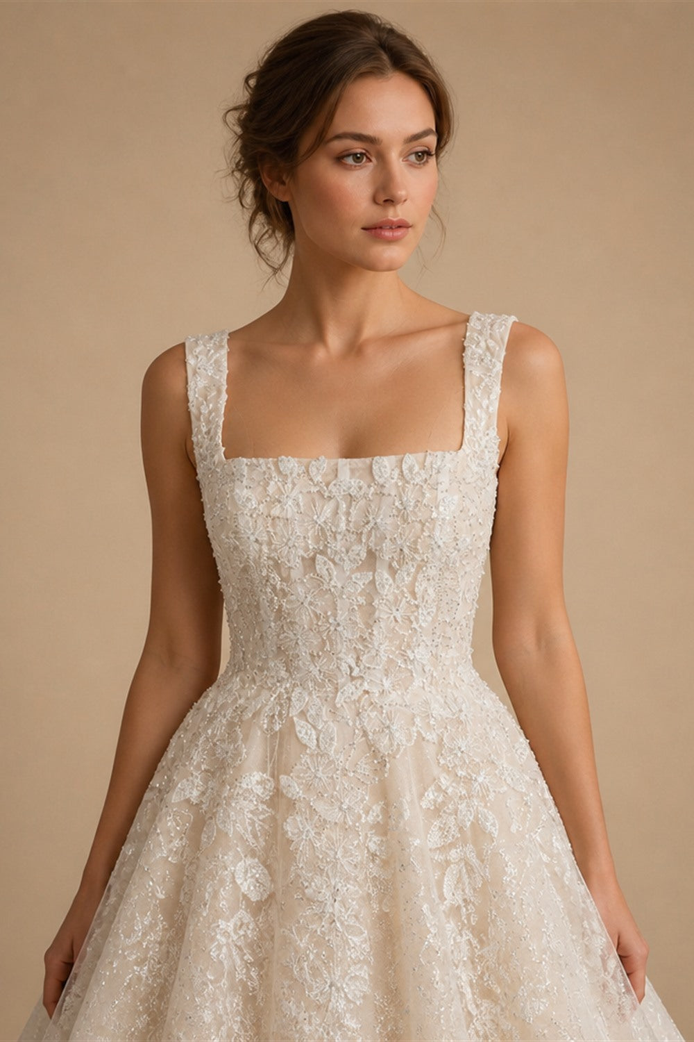 Romantic Champagne Sleeveless A-Line Short Wedding Dress with Deep V Back ZP046