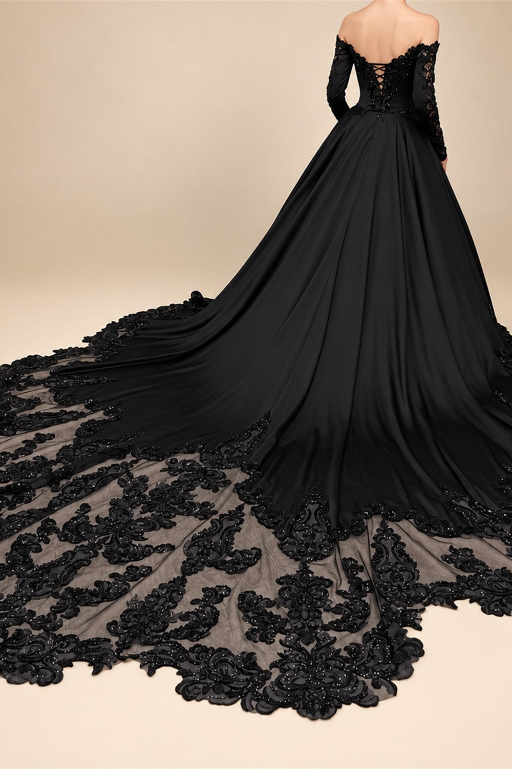 Black Luxury Gothic Wedding Dress Heavy Beading Lace Ball Gown ZP198