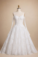 White Floral Lace Ball Gown Wedding Dress with Sweetheart Neckline and Detachable Long Sleeves ZP015
