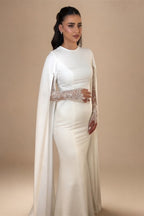 Ivory Minimalist Modest Mermaid Beaded Satin Wedding Dress  Sweep Train ZP031