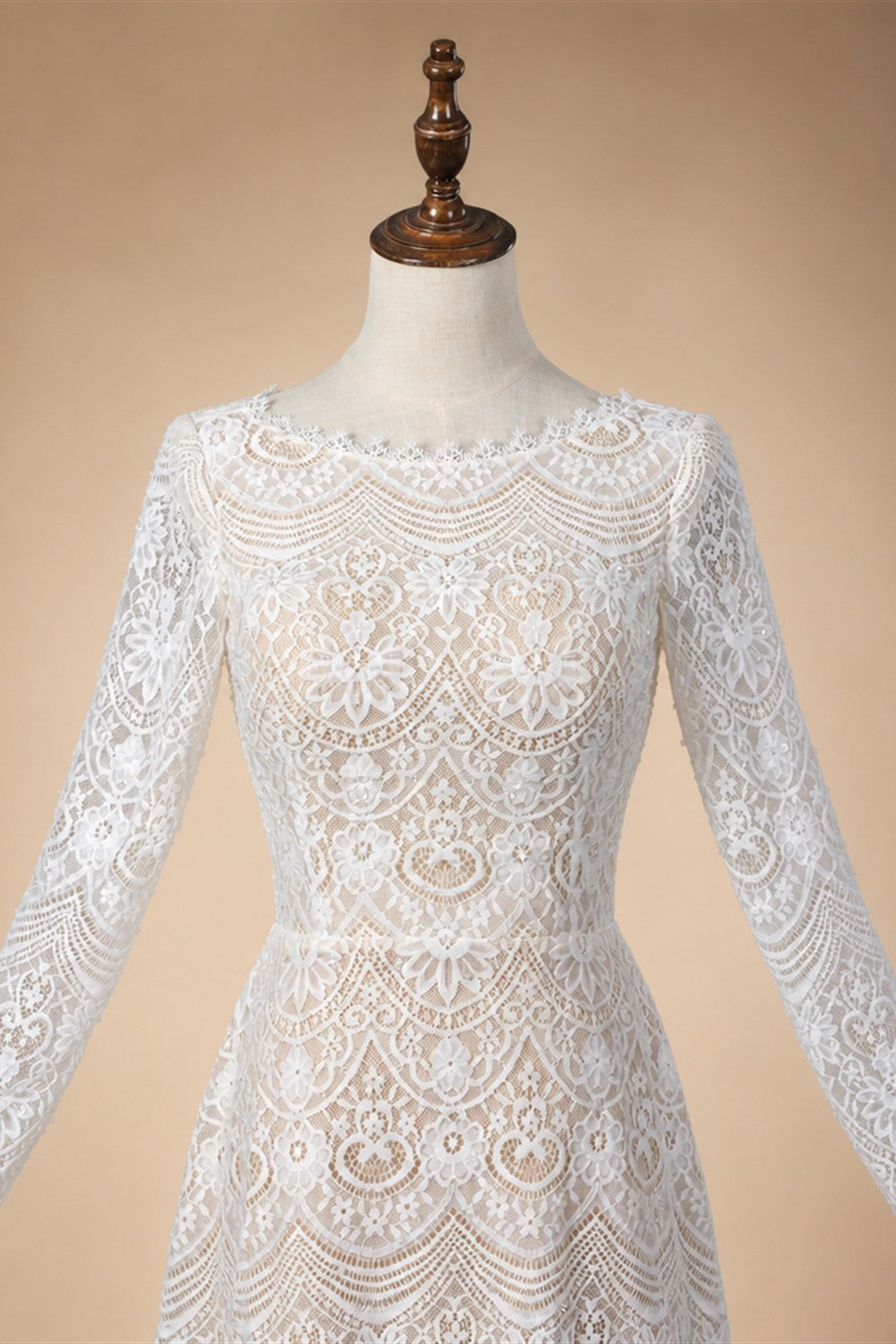 Glamorous White Long Sleeve Lace Wedding Dress with Removable Chiffon Overlay ZP058