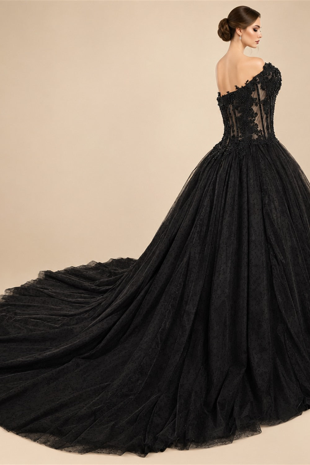Black Lace Heavy Gothic Beading Wedding Dress Ballgown Corset Closure  ZP202