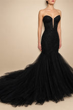 Black Luxury Gothic Wedding Dress Mermaid Beaded Lace Tassel Cape  ZP196