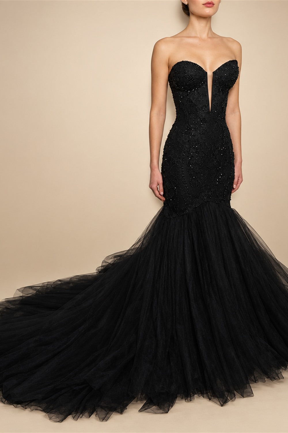 Black Luxury Gothic Wedding Dress Mermaid Beaded Lace Tassel Cape  ZP196
