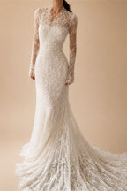 Elegant Ivory Lace High Neck Long Sleeve Train Mermaid Wedding Dress with Veil ZP108