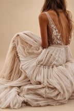 Beach Sexy V Neck Sleeveless Floor Length Tulle Bridal Gowns With Wedding Dresses