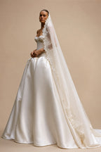 Classic White Satin Strapless Ball Gown Wedding Dress with Veil ZP114