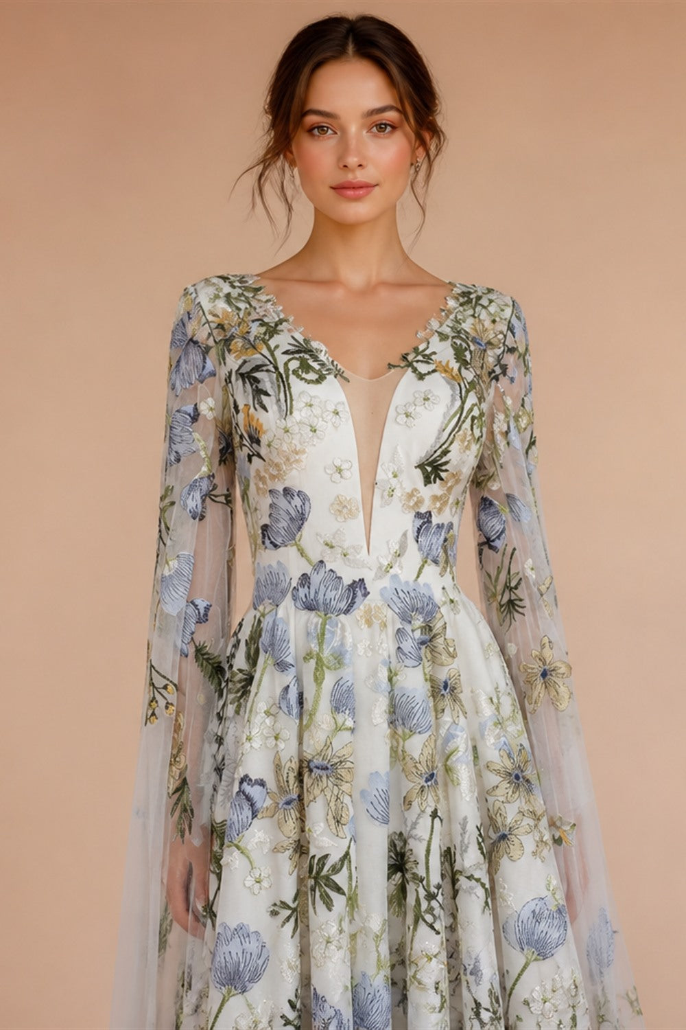Luxury White Embroidery Long Sleeve Boho Train Wedding Dress ZP158