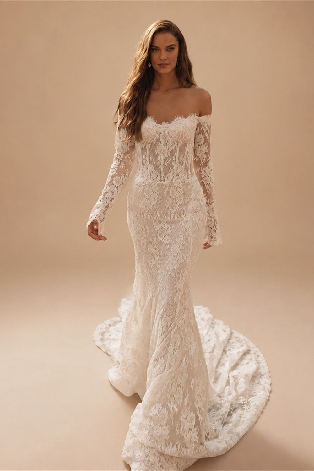 Romantic Ivory Off-the-Shoulder Lace Mermaid Wedding Dress with Tulle Overlay ZP132