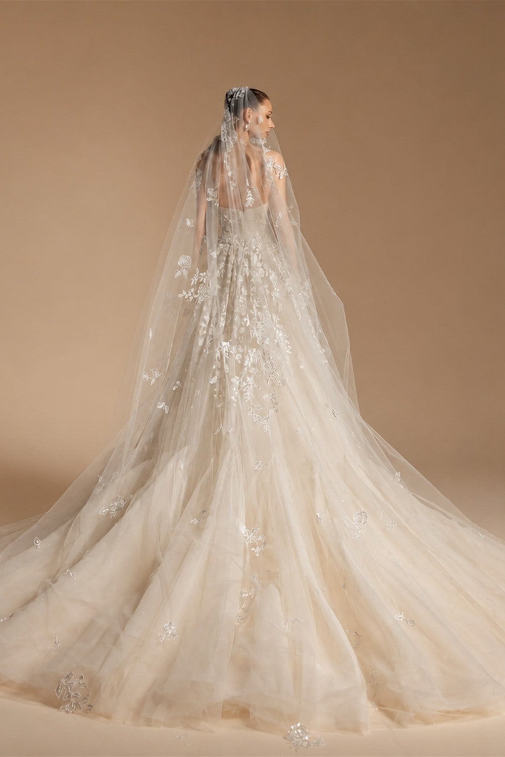 Romantic Champagne Strapless Floral Lace Tulle A-Line Wedding Dress with Veil ZP084