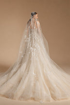 Romantic Champagne Strapless Floral Lace Tulle A-Line Wedding Dress with Veil ZP084