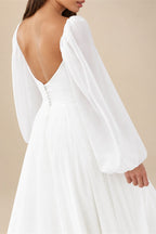 Hall Casual Wedding Dresses A-Line Square Neck Long Sleeve Court Train Chiffon Bridal Gowns With Bow(s) Solid Color