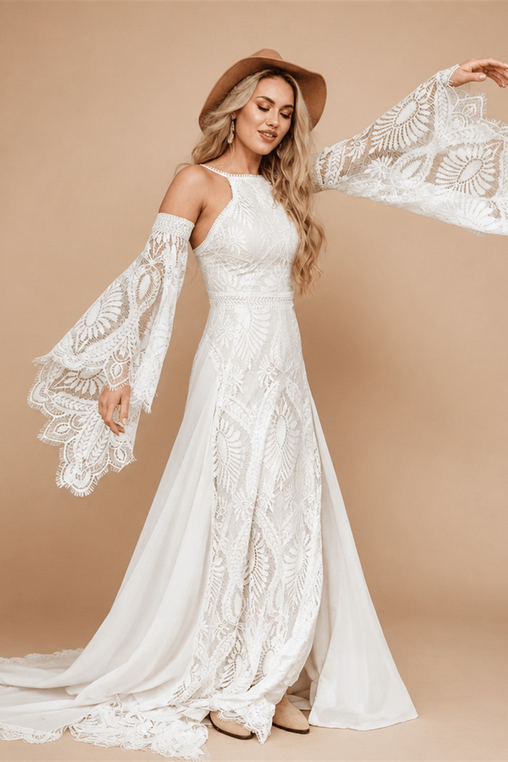 Customized Cold Shoulder Bell Sleeve Wedding Dress Bohemian Side Slit Bridal Dress with Train Bridal Gown for Wedding Occasions