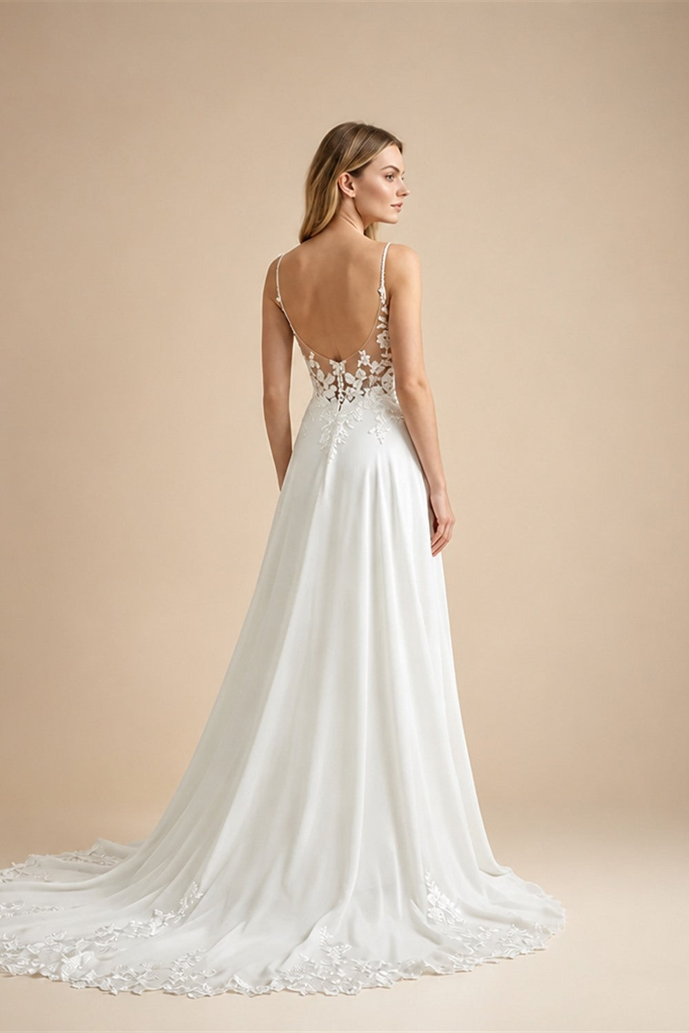 Women's Spaghetti Straps Deep V Backless Wedding Dresses Lace Appliques Chiffon Bridal Gown with Train Elegant Boho Bride Dress