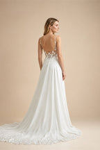 Women's Spaghetti Straps Deep V Backless Wedding Dresses Lace Appliques Chiffon Bridal Gown with Train Elegant Boho Bride Dress