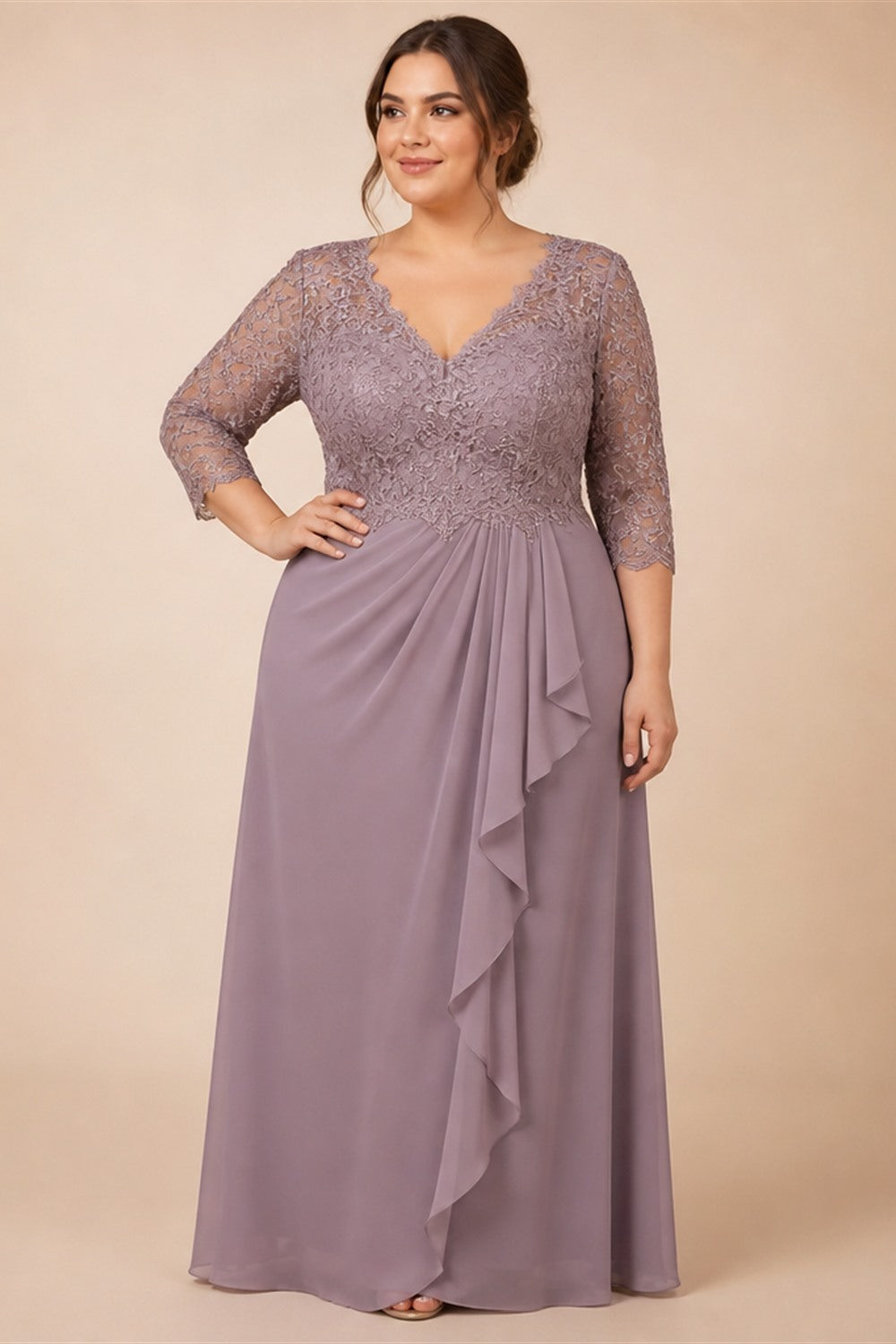 Plus Size Chiffon Wedding Dress With Long Sleeve V Neck And Open Back