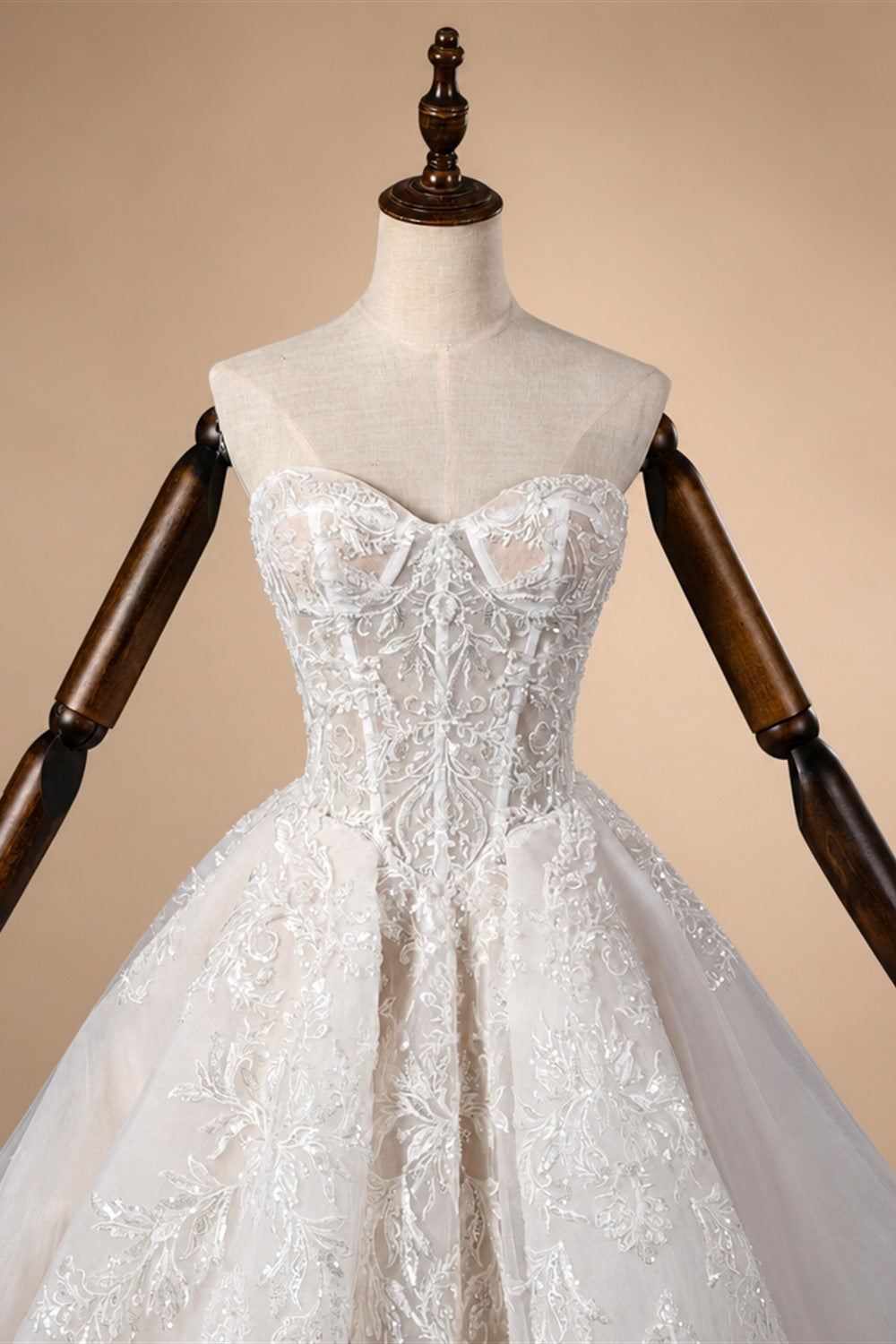 Elegant Ivory Strapless Corset Lace Tulle Bridal Gown Wedding Dress with Long Detachable Sleeves ZP067