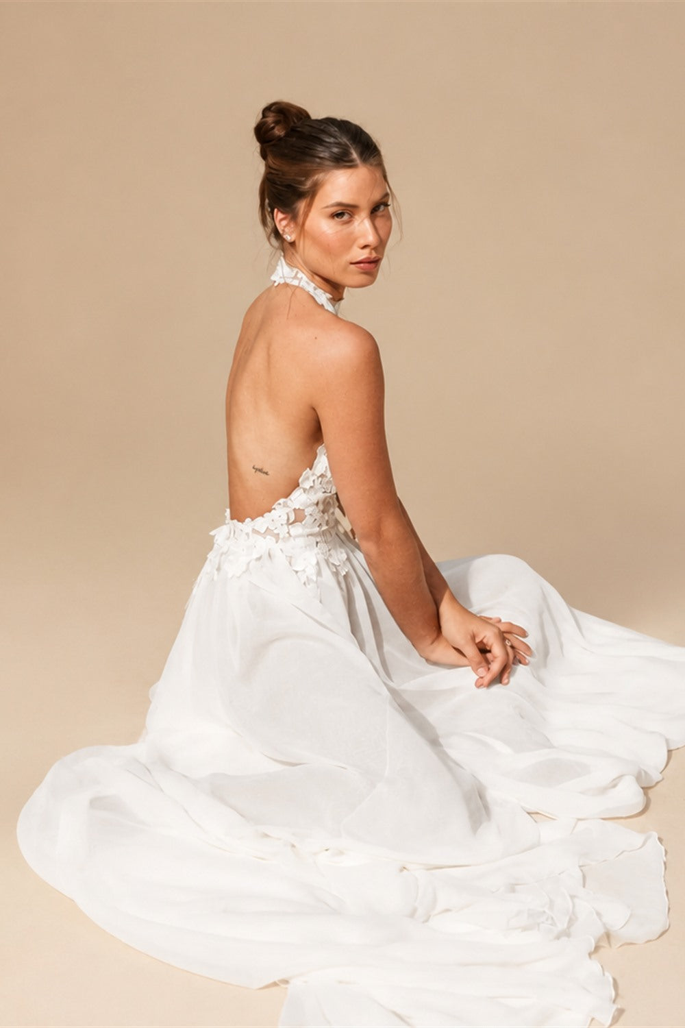 Romantic Halter Neck 3D Floral Lace Sheer Slit Wedding Dress ZP041