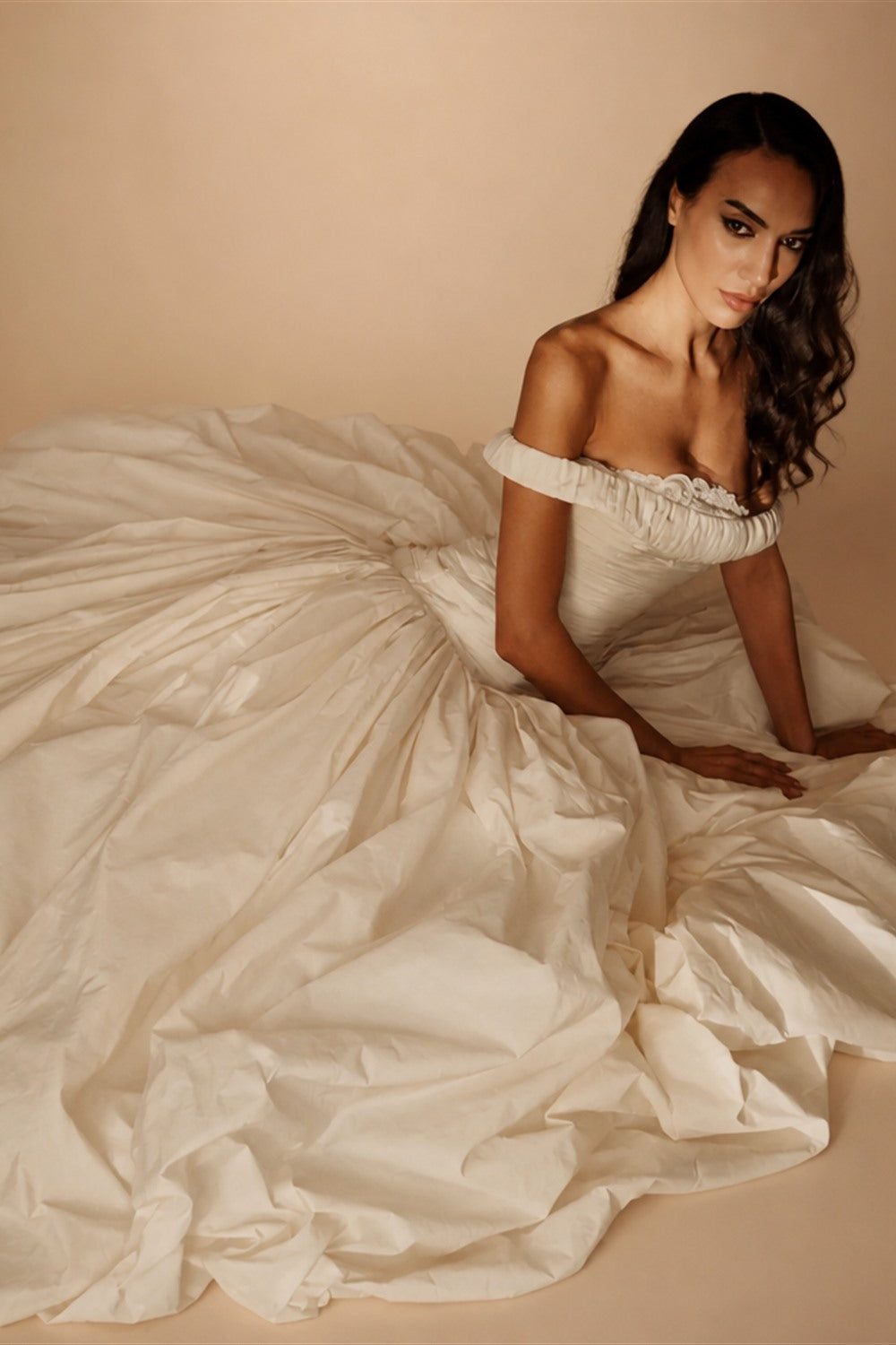 Elegant Ivory Strapless Ruched Satin Ball Gown Wedding Dress ZP070