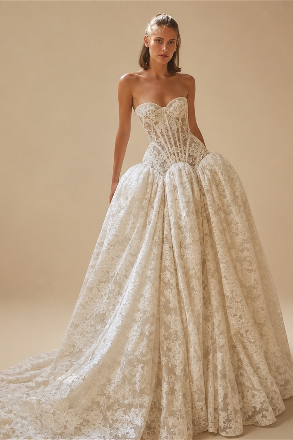 Bohemian Ivory Lace Strapless Ball Gown Wedding Dress ZP112