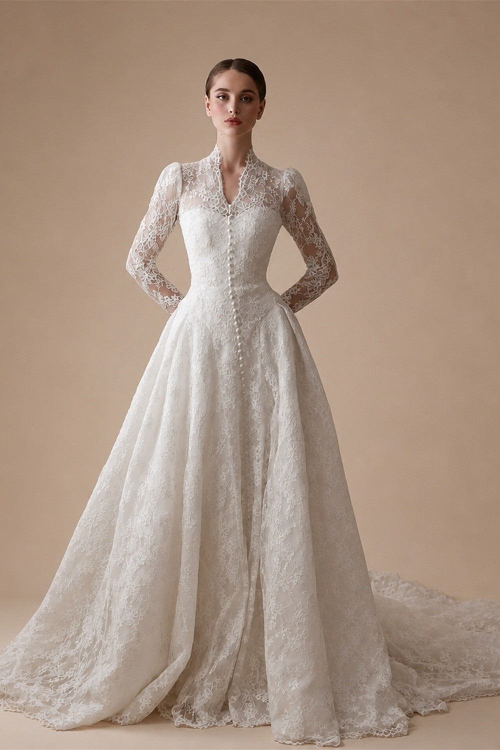 Vintag White Lace High Neck Long Sleeve A-Line Wedding Dress with Train ZP110