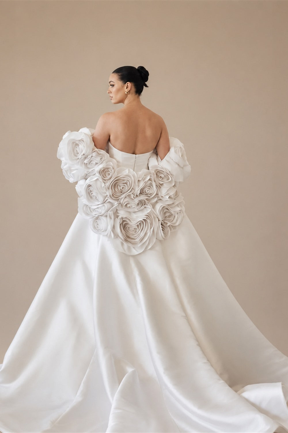 Ivory  Satin Mermaid Wedding Dress 3D Giant Rose Floral With Veil  ZP034