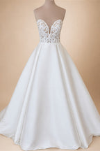Simple White Satin A Line Wedding Dress Sleeveless Sweetheart Gown