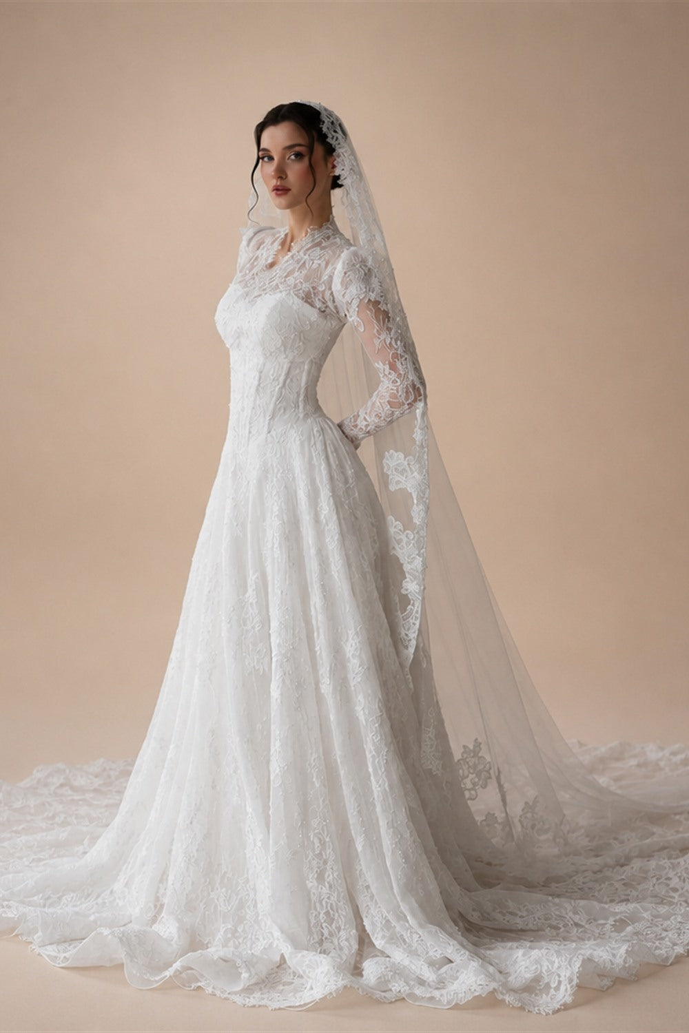 Romantic White Lace Long Sleeve A-Line Wedding Dress with Veil ZP109