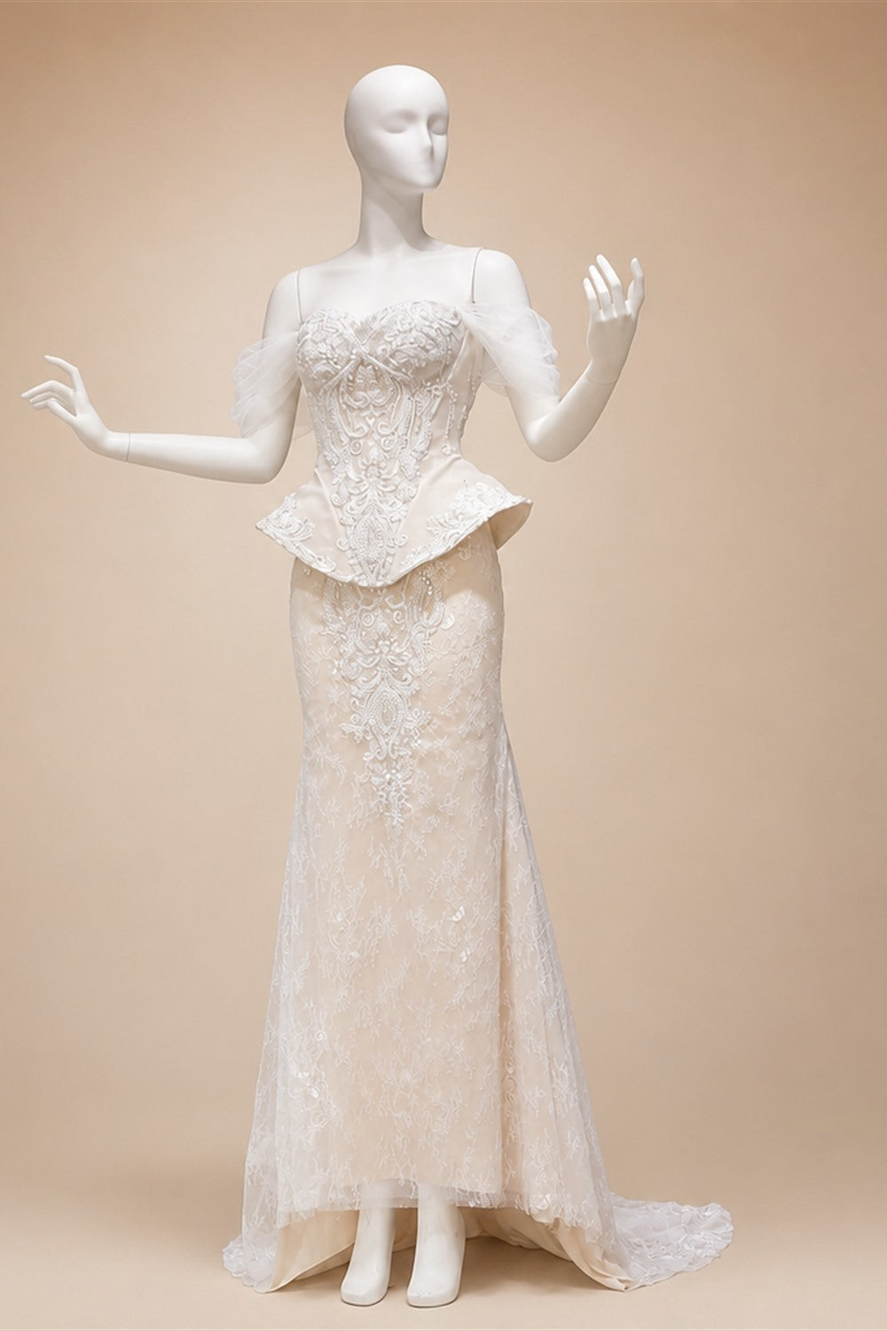 Luxury Ivory Off-the-Shoulder Lace Corset Tulle Train Wedding Dress ZP135