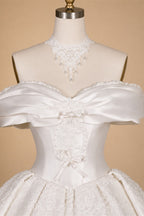 Off the Shoulder White Satin Ball Gown Flower Girl Dress with Long Cathedral Train ZP017