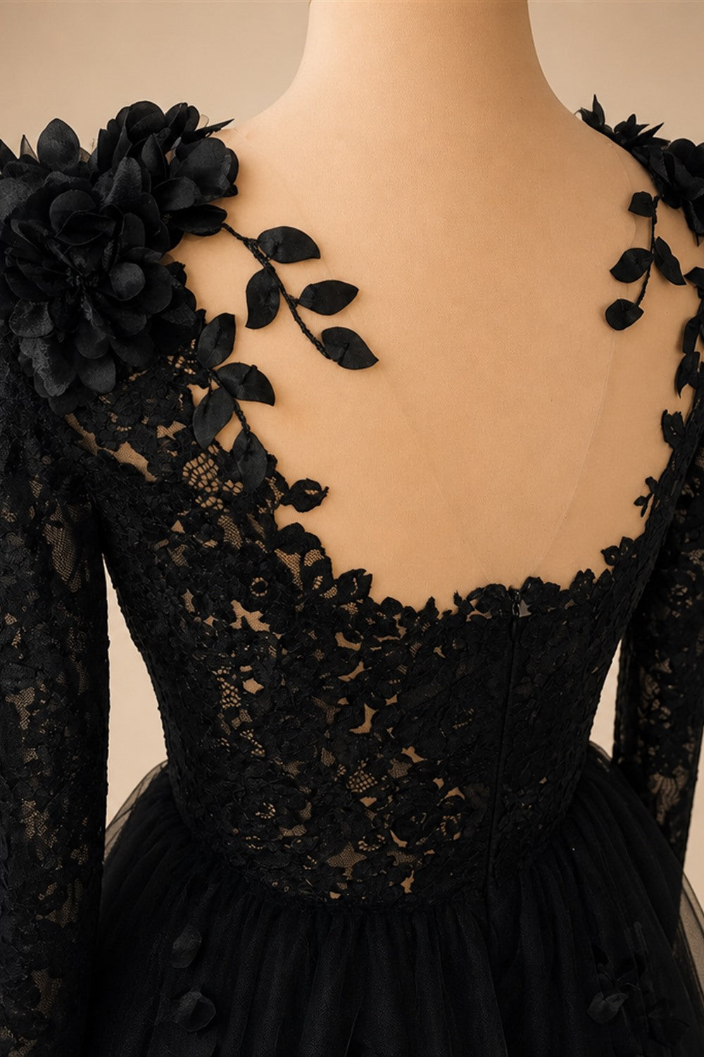 Black Luxury Gothic Wedding Dress 3D Floral Lace Tulle Sweep Train ZP026