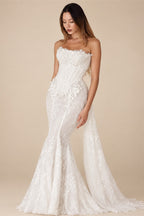 White Lace Applique Corset Bridal Gown with Cathedral Train ZP204