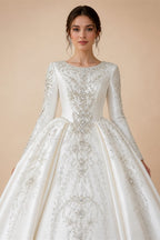 White Satin Strapless Ball Gown Wedding Dress with Luxurious Beaded Lace and Cathedral Train ZP016