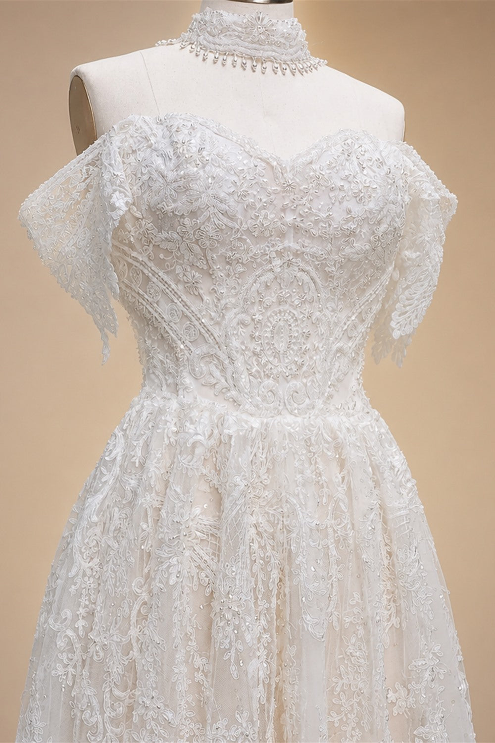 Off White Elegant Lace Pearl Embroidery Ball Gown Wedding Dress ZP168