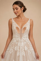 Vintage Lace V-Neck Tulle Wedding Dress Sleeveless Lace Bride Dresses Sexy Backless Open Back Robe De Mariee Customized