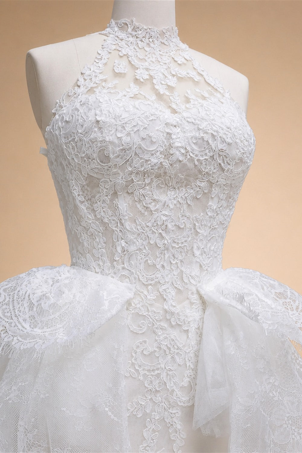Luxury White A-Line Wedding Dress with Lace Embroidery and Overskirt ZP167