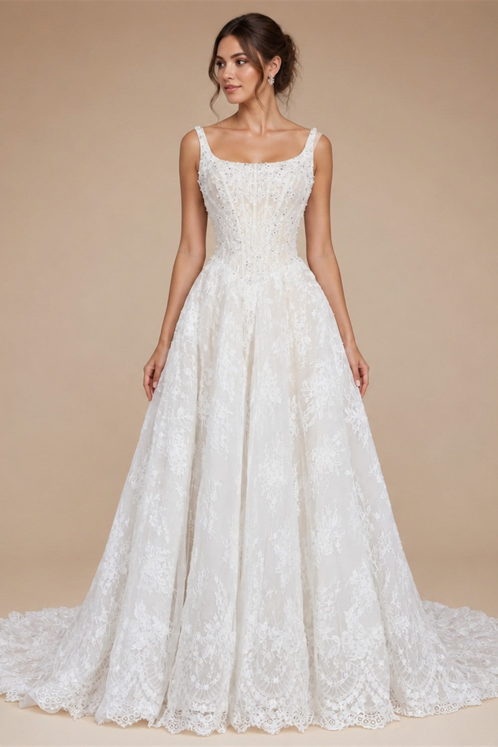 White Lace Spaghetti Strap Bridal Gown Square Neck Beaded Corset Ball Gown ZP012