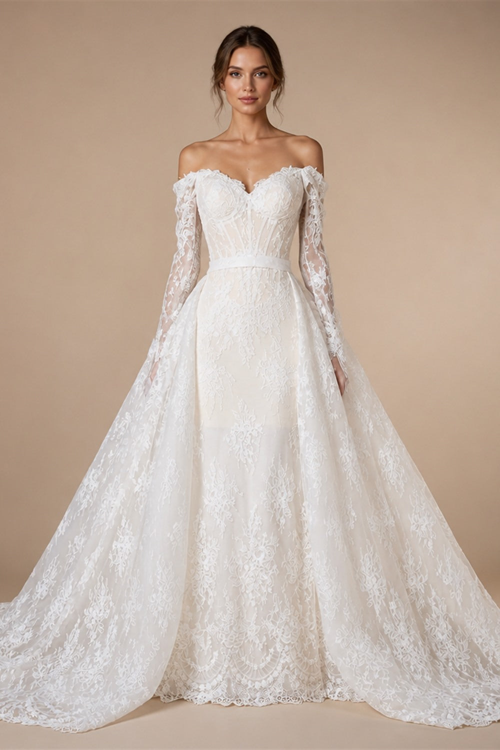 White Lace Mermaid Wedding Dress Off the Shoulder with Detachable Train and Long Sleeves ZP014