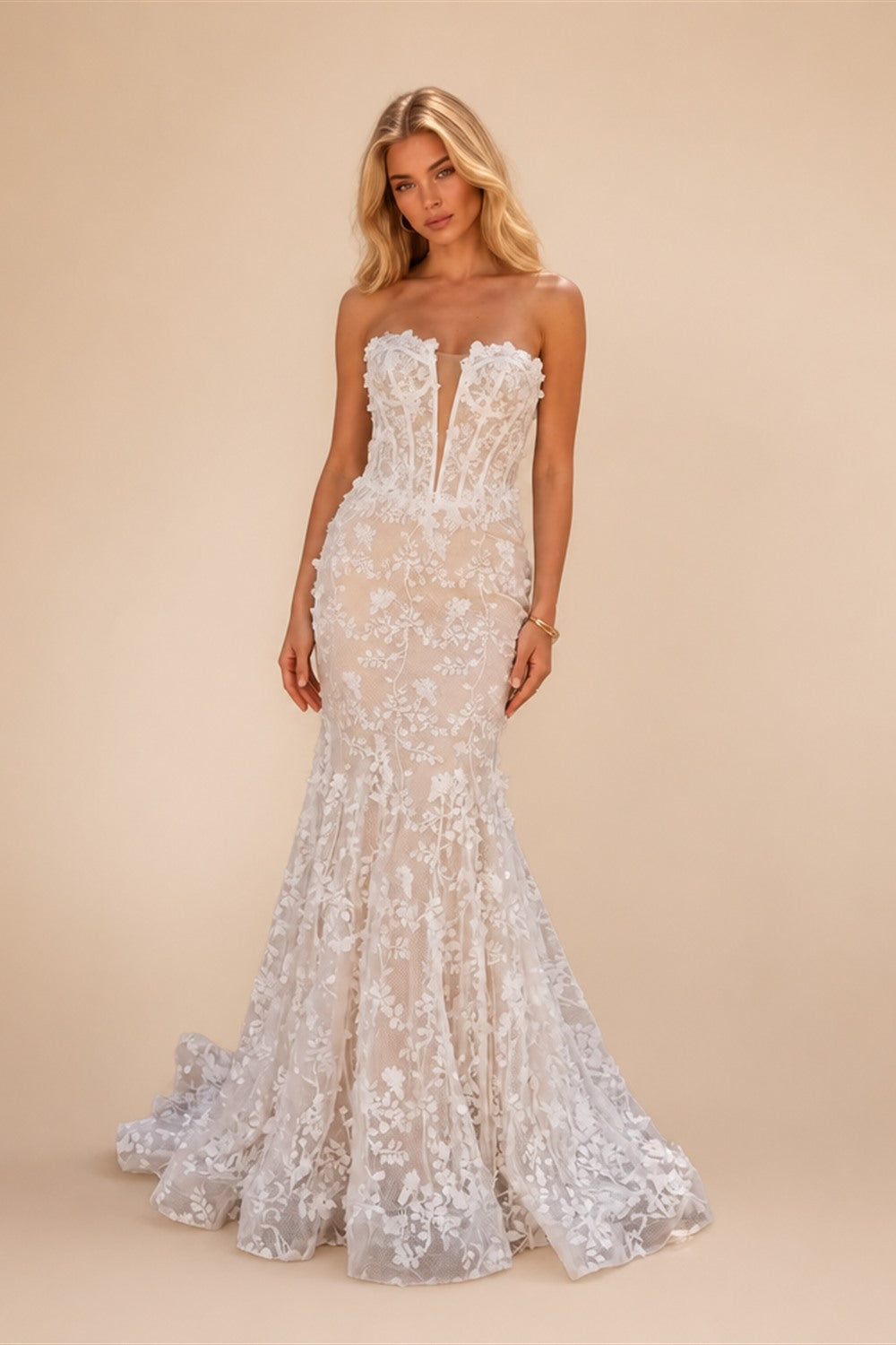White Nude Lace Fairytale  Mermaid Wedding Dress 3D Floral  Train  ZP037