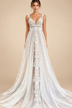 Custom Summer Boho A Line Wedding Dress With Lace V Neck