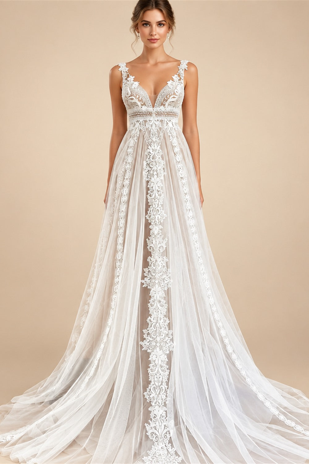 Custom Summer Boho A Line Wedding Dress With Lace V Neck