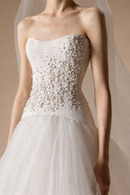 Elegant White Strapless Bodice Crystal Ball Gown Wedding Dress with Veil ZP080
