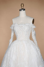 White Lace and Tulle Ball Gown Wedding Dress Off the Shoulder Beaded Bridal Dress ZP013