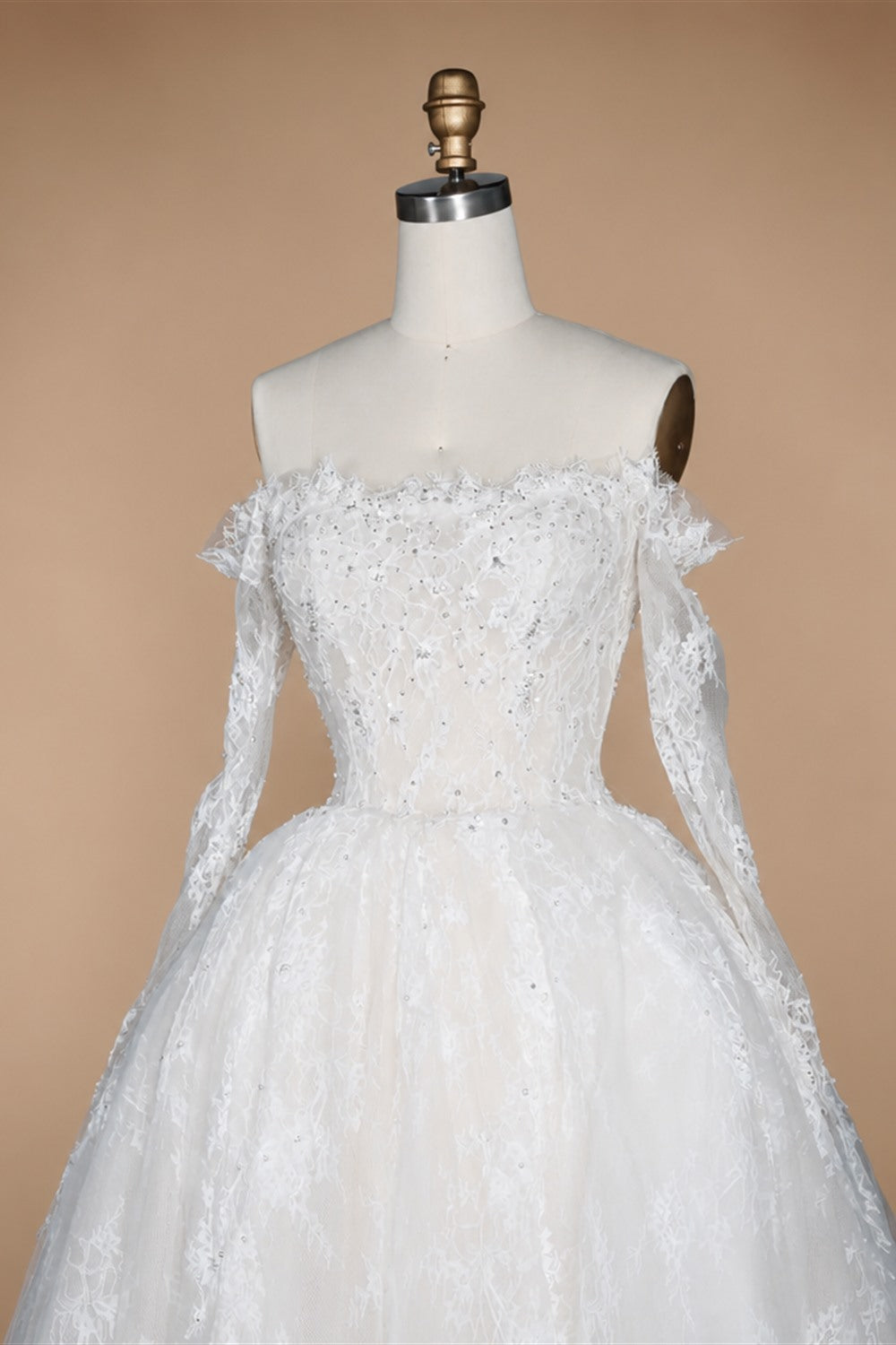 White Lace and Tulle Ball Gown Wedding Dress Off the Shoulder Beaded Bridal Dress ZP013